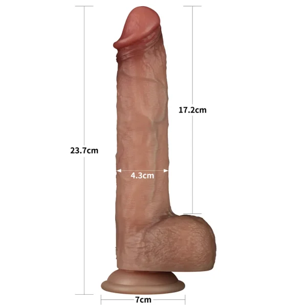 The Sliding Skin Pro Realistic 9 Inch Dual Layer Silicone Dildo in flesh tone stands upright, showing a total height of 23.7 cm, shaft length of 17.2 cm, diameter of 4.3 cm, and base width of 7 cm.