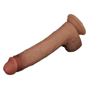 View of the Sliding Skin Pro Realistic 9 Inch Dual Layer Silicone Dildo, with water drops on it showing that the dildo is waterproof.