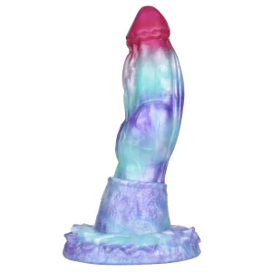The Tyrannosaurus 10 Inch Fantasy Dinosaur Dildo is a silicone toy with a blue, purple, and pink gradient, a textured veined shaft, and a wide flared base for safe, colourful fantasy play.