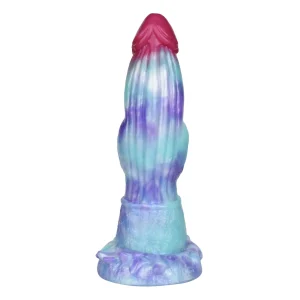 The Tyrannosaurus 10 Inch Fantasy Dinosaur Dildo is a colorful silicone toy with a pink tip, sculpted textured body in blue, purple, and teal shades, and stands upright on a flat base.