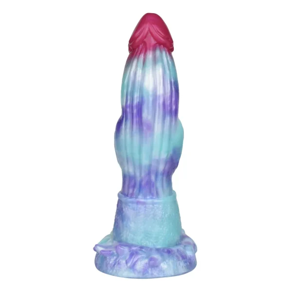 The Tyrannosaurus 10 Inch Fantasy Dinosaur Dildo is a colorful silicone toy with a pink tip, sculpted textured body in blue, purple, and teal shades, and stands upright on a flat base.