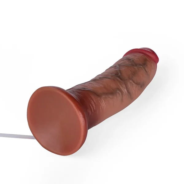 The Waller 10 Inch Realistic Ejaculating Dildo, with a suction cup base, is shown lying on a white background.