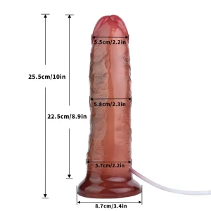 The Waller 10 Inch Realistic Ejaculating Dildo is shown against a white background, featuring detailed size measurements in cm and inches for length, insertable length, girth, and base width.