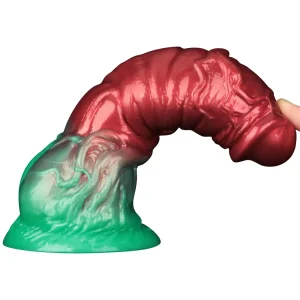 A finger bends the Aerosx 7.5 Inch Silicone Inflatable Fantasy Dildo to shows its flexibility.