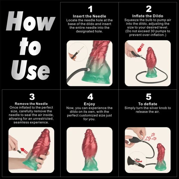 The six-panel guide for the Aerosx 7.5 Inch Silicone Inflatable Fantasy Dildo, shows how to insert the needle, inflate with the bulb pump, remove the needle, use the toy, and deflate it by turning a knob.
