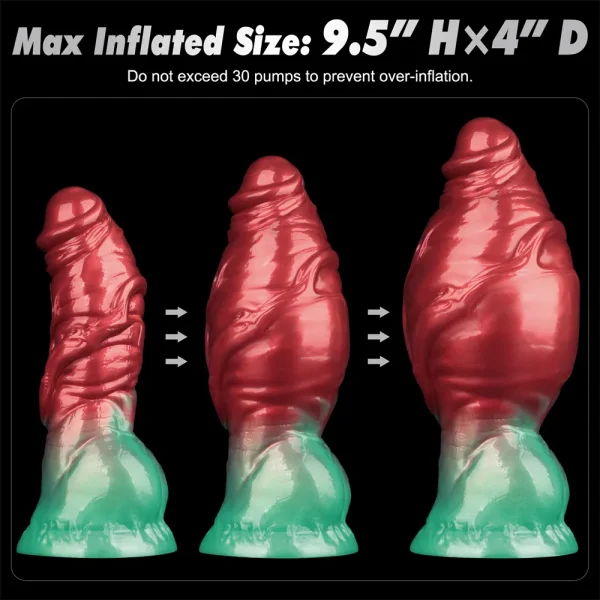 The Aerosx 7.5 Inch Silicone Inflatable Fantasy Dildo is shown in red and green, with twisted, textured designs. Images display different inflated sizes, with arrows highlighting expansion to a max of 9.5" high by 4" deep.