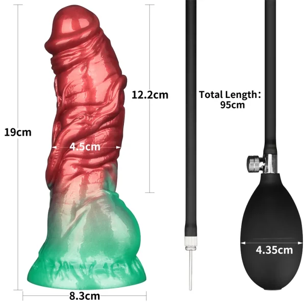 The Aerosx 7.5 Inch Silicone Inflatable Fantasy Dildo features a red and green textured shaft with a flared base (19 cm x 8.3 cm). Includes a black 95 cm inflation bulb with hose and needle for customisable sizing.