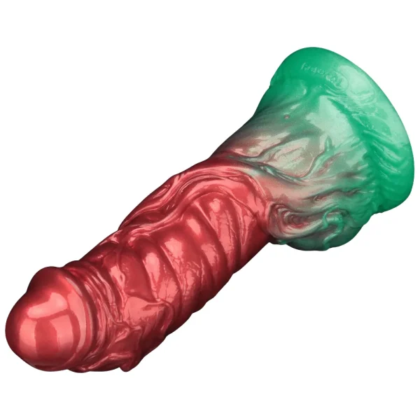 The Aerosx 7.5 Inch Silicone Inflatable Fantasy Dildo on its side showing the textured details on a white background.