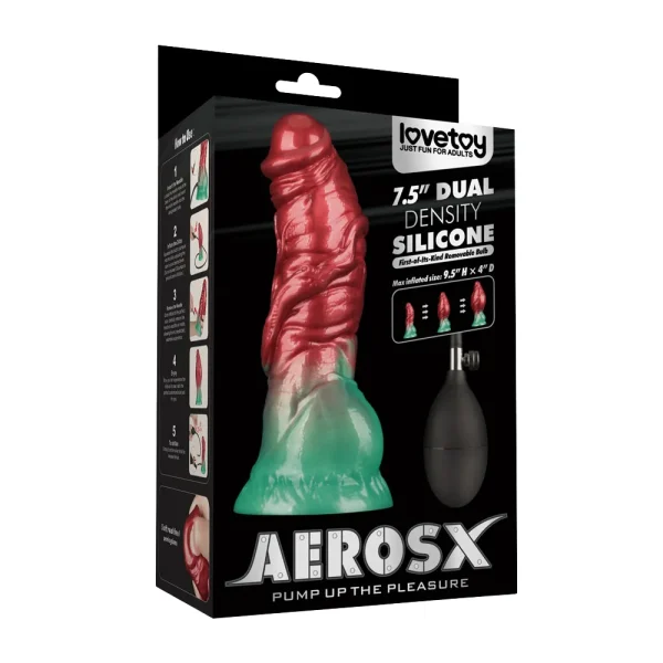 Box for the Aerosx 7.5 Inch Silicone Inflatable Fantasy Dildo, showing a red and green fantasy dildo and black pump on the front, with product name and details in bold text.