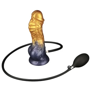 The Aerosx 8 Inch Silicone Inflatable Fantasy Dildo features a gold and blue fantasy phallic design, complete with a black hose and hand pump for customisable inflation.