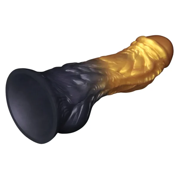 Suction cup base of the Aerosx 8 Inch Silicone Inflatable Fantasy Dildo, it features a gradient colour scheme that transitions from dark blue at the base to gold at the tip.
