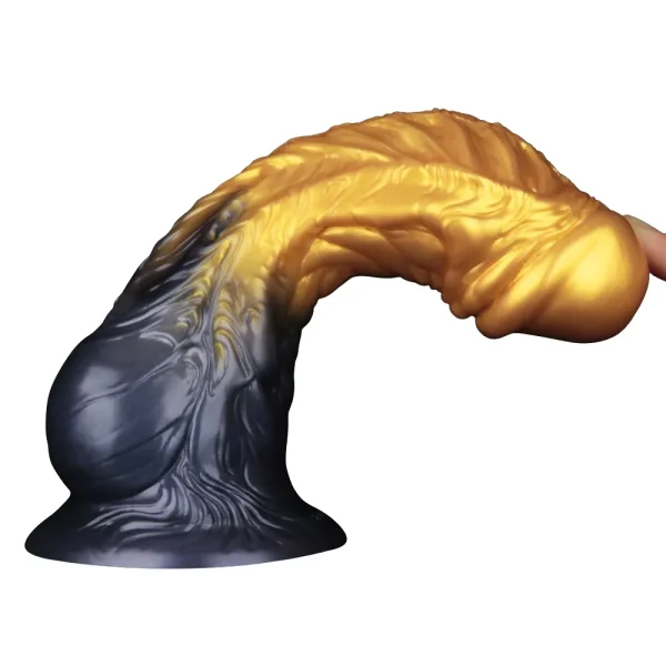 Finger bending the Aerosx 8 Inch Silicone Inflatable Fantasy Dildo to show how flexible it is.