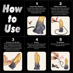 Instructional graphic for the Aerosx 8 Inch Silicone Inflatable Fantasy Dildo shows steps: insert needle, inflate to preferred size, remove needle, enjoy the toy, and deflate, with illustrations for each step.