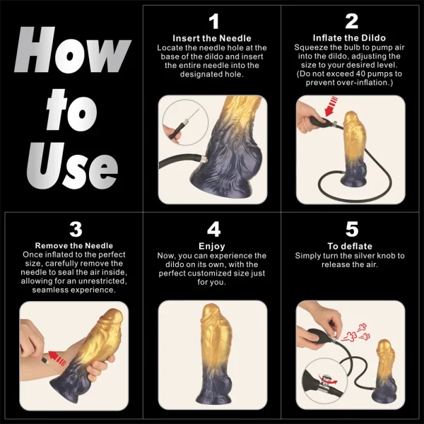 Instructional graphic for the Aerosx 8 Inch Silicone Inflatable Fantasy Dildo shows steps: insert needle, inflate to preferred size, remove needle, enjoy the toy, and deflate, with illustrations for each step.