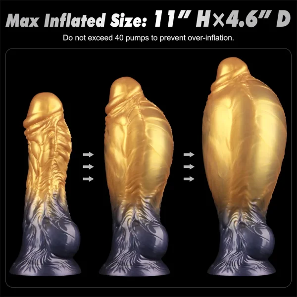 Three gold and dark blue Aerosx 8 Inch Silicone Inflatable Fantasy Dildos with a textured design are displayed in increasing sizes. Text reads "Max Inflated Size: 11'' H x 4.6'' D" with a warning not to exceed 40 pumps.