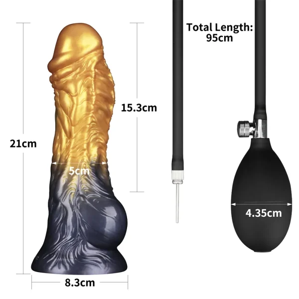The Aerosx 8 Inch Silicone Inflatable Fantasy Dildo features a gold and dark blue fantasy shape (21 cm tall, 8.3 cm base width), plus a 95 cm black inflation pump with a slim nozzle and 4.35 cm wide bulb for easy attachment.