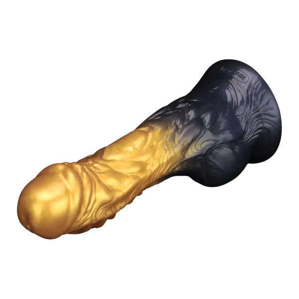 The Aerosx 8 Inch Silicone Inflatable Fantasy Dildo is placed on its side showing a fantasy textured design in a gold and dark blue gradient, displayed at an angle on a white background.
