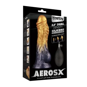 Box packaging of the Aerosx 8 Inch Silicone Inflatable Fantasy Dildo in gold and dark blue, featuring an attached pump, product details, and images with usage instructions.