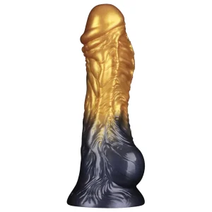 Side view of the Aerosx 8 Inch Silicone Inflatable Fantasy Dildo features a gold and dark blue colour scheme, textured design inspired by fantasy themes.