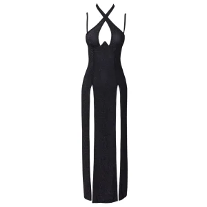 The Cottelli Party Glamour Long Dress is a sleeveless black dress with a shimmering finish, crisscross halter neckline, keyhole chest cutout, and two high front leg slits.