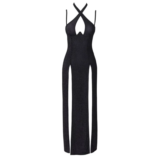 The Cottelli Party Glamour Long Dress is a sleeveless black dress with a shimmering finish, crisscross halter neckline, keyhole chest cutout, and two high front leg slits.