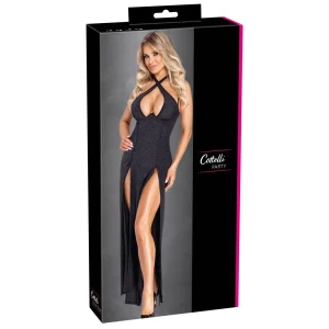 A product box showing a woman in a sparkly black halter dress with a deep neckline and high leg slits. The packaging reads "Cottelli Party Glamour Long Dress" on a dark background.