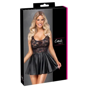 Box packaging for the Cottelli Party Lace Top Mini Dress shows a smiling woman with long blonde hair in a black lace and wet look dress with flared skirt, posed against a grey background.