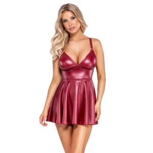 A woman with long blonde hair wears the Cottelli Party Matte Red Mini Dress, featuring a wet look finish, flared skirt, and deep V neckline, as she poses against a plain white background looking at the camera.