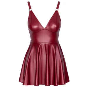 The Cottelli Party Matte Red Mini Dress is a sleeveless, deep red wet look dress, with adjustable straps, a matte finish, V-neckline, and flared skirt.