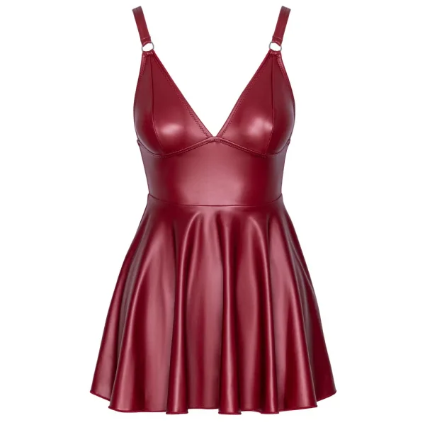 The Cottelli Party Matte Red Mini Dress is a sleeveless, deep red wet look dress, with adjustable straps, a matte finish, V-neckline, and flared skirt.
