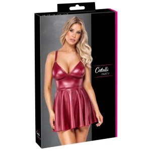 The Cottelli Party Matte Red Mini Dress comes in a black box featuring the brand logo and an image of a blonde woman in a wet look, fitted mini dress with a flared skirt.