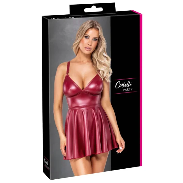 The Cottelli Party Matte Red Mini Dress comes in a black box featuring the brand logo and an image of a blonde woman in a wet look, fitted mini dress with a flared skirt.