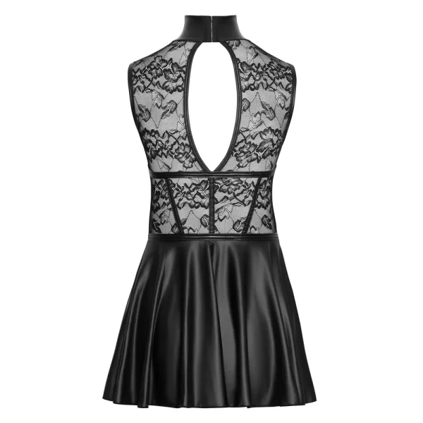 Back view of the Cottelli Party Open Cup Lace Top Mini Dress, it is a sleeveless black mini dress with a halter neck, open cup lace bodice featuring a floral pattern, keyhole back, and a contrasting wet look flared skirt.