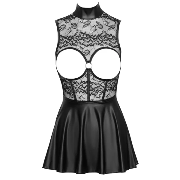 Front view of the Cottelli Party Open Cup Lace Top Mini Dress, it is a sleeveless black dress with a floral lace bodice, bold chest cutouts, a high collar, and a flared faux leather skirt. A metal ring connects the bodice at the centre for added flair.