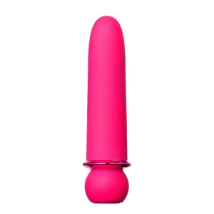 The Maia Toys Jaguar Rechargeable 10 Function Bullet Vibrator is a bright pink, bullet vibrator with a rounded tip and wider base, shown standing upright against a white background.