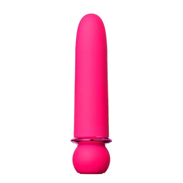 The Maia Toys Jaguar Rechargeable 10 Function Bullet Vibrator is a bright pink, bullet vibrator with a rounded tip and wider base, shown standing upright against a white background.