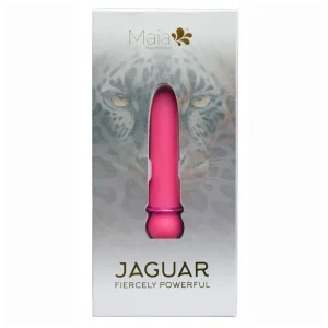A pink Maia Toys Jaguar Rechargeable 10 Function Bullet Vibrator in clear packaging features a jaguar face in the background. The box displays "Maia Novelties" and "JAGUAR Fiercely Powerful" in gold lettering.