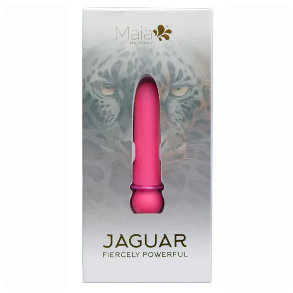 A pink Maia Toys Jaguar Rechargeable 10 Function Bullet Vibrator in clear packaging features a jaguar face in the background. The box displays "Maia Novelties" and "JAGUAR Fiercely Powerful" in gold lettering.