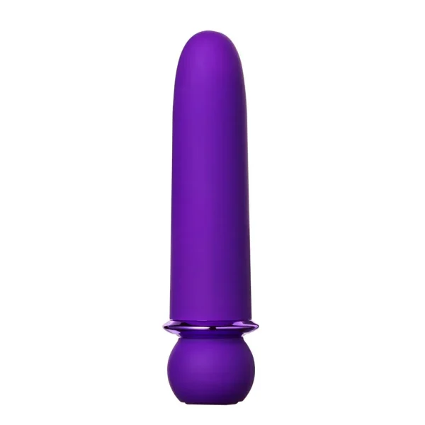 The Maia Toys Jaguar Rechargeable 10 Function Bullet Vibrator stands upright in purple, featuring a tapered rounded tip and a slightly wider base, set against a white background.