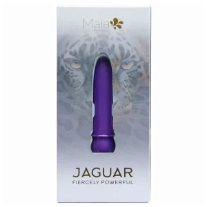 A boxed Maia Toys Jaguar Rechargeable 10 Function Bullet Vibrator with a purple bullet visible through a plastic window, "Jaguar Fiercely Powerful" label, faint jaguar face image, and the Maia logo at the top.
