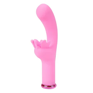 The Maia Toys Myla Rechargeable 10 Function Butterfly G-Spot Vibrator is a pink silicone vibe with a curved shaft and textured butterfly clitoral attachment, designed for dual stimulation.