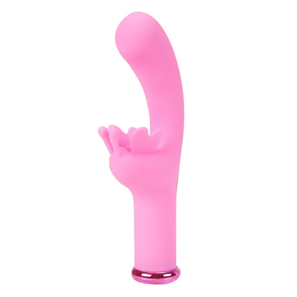 The Maia Toys Myla Rechargeable 10 Function Butterfly G-Spot Vibrator is a pink silicone vibe with a curved shaft and textured butterfly clitoral attachment, designed for dual stimulation.