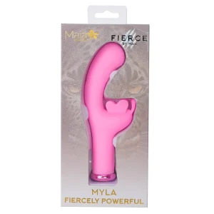 The Maia Toys Myla Rechargeable 10 Function Butterfly G-Spot Vibrator, a pink silicone sex toy with a curved tip and external stimulator, is shown in clear plastic window packaging with "MYLA Fiercely Powerful" and a faint tiger image on the box.
