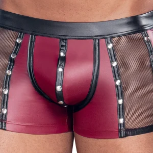 Close-up of a person wearing NEK Wet Look Stud Pants: red and black boxer briefs with wet look trim, metal studs, black waistband, vertical stripes, and mesh side panels for a see-through look.