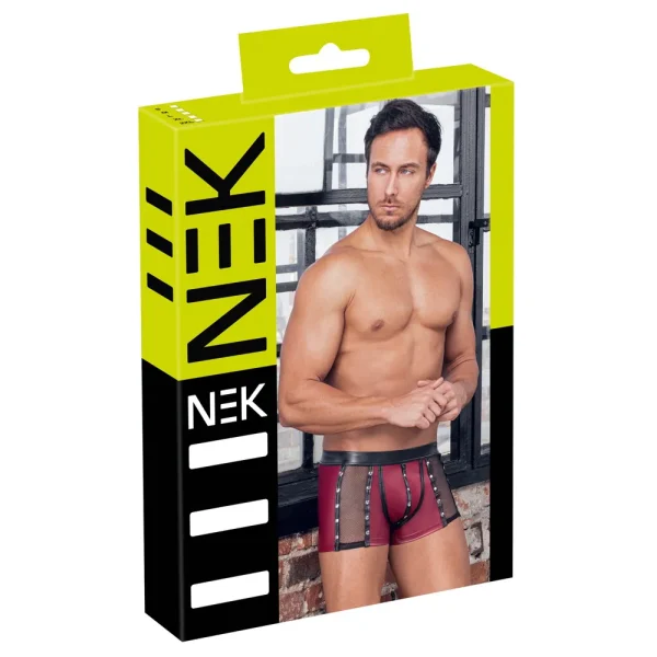A product box with a shirtless male model in NEK Wet Look Stud Pants, red and black studded boxer shorts, features bold black and white "NEK" branding on a green background.