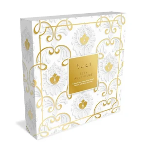 A decorative white and gold Baci 7 Day Hosiery Adventure Gift Box with ornate patterns, a central gold label, and elegant swirling designs.