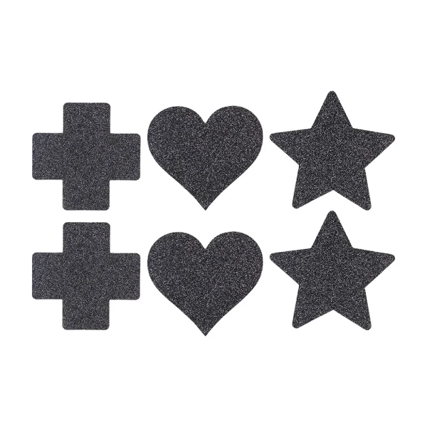 The Le Desir Nipple Cover Set features six black glittery sticker shapes, two crosses, two hearts, and two stars, displayed on a white background in three rows and two columns.