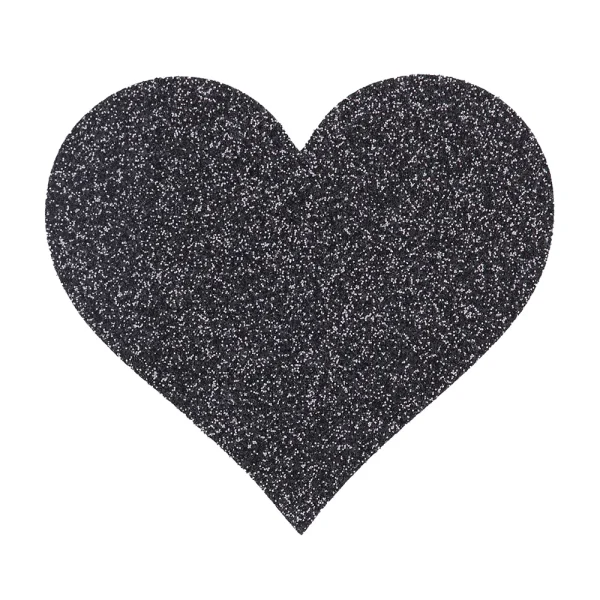 The Le Desir Nipple Cover Set features large black heart-shaped covers coated in fine, shiny glitter, set against a plain white background.