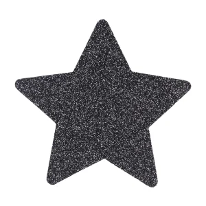 The Le Desir Nipple Cover Set features black five-pointed star shapes with a glittery, sparkling texture displayed on a plain white background.