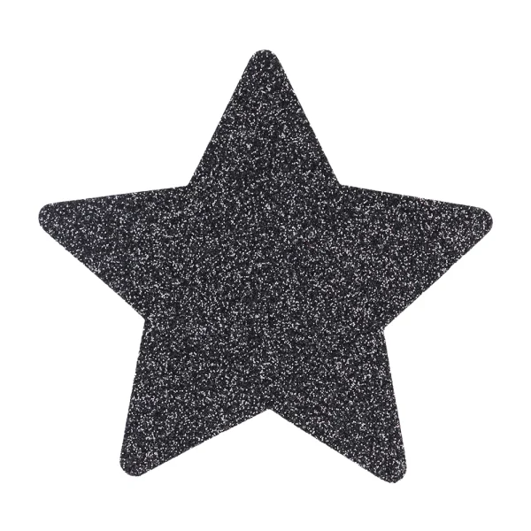The Le Desir Nipple Cover Set features black five-pointed star shapes with a glittery, sparkling texture displayed on a plain white background.